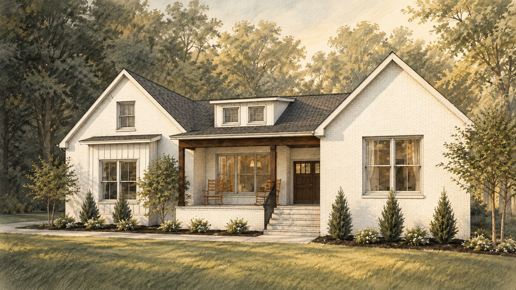 AI-assisted graphite-and-wash illustration derived from the Grove residential design